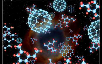 Forms of carbon compounds (foreground) against a planetary nebula