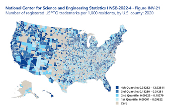 Number of registered USPTO trademarks per 1,000 residents, by U.S. County: 2020