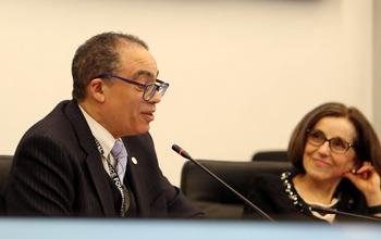 Board Member Victor McCrary and NSF Director France Córdova during a National Science Board meeting in November 2018.