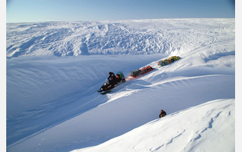 A spectacular, wind-eroded feature in the snow of the tundra, near Aberdeen Lake, Arctic Circle