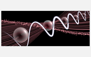 An artist's depiction of Rydberg atoms trapped in a one-dimensional optical lattice