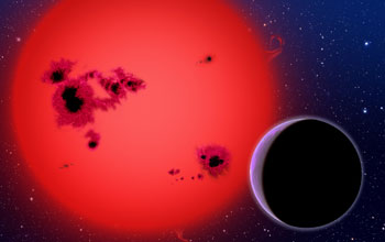 Artist's conception of the super-Earth discovered orbiting GJ1214, a dim, red dwarf star