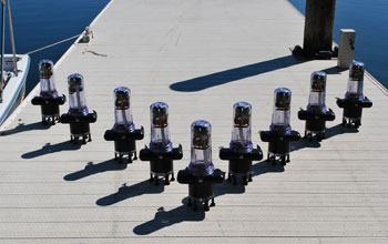 A fleet of motorized "drifters" sit waiting for release into San Francisco Bay