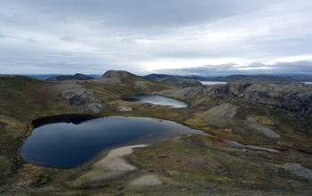 Aerial view of several lakes around the Kangerlussuaq region of Greenland