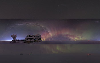 Ten-meter South Pole Telescope, the IceCube Neutrino Detector and buildings housing experiments studying polar lights