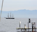 Photo of the rendezvous of the Knorr and clipper Stad Amsterdam off the South African Cape.