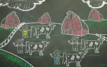 Drawing of farmers, cows, barns and common pasture