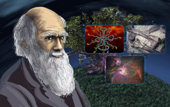 Illustration of Charles Darwin with insets of stars, fossil and DNA in the background