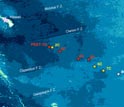 Map showing sites that will be drilled in Expeditions 320 (red) and 321 (yellow) and alternatives.