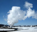 Photo of the exploratory geothermal well during flow testing at the Krafla volcano.