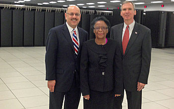 Farnam Jahanian, Cora Marrett and Dan Lipinski with Blue Wtaer super computer system