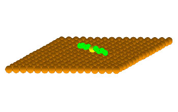 Still from a simple animation shows the rotation of a linear molecule over a surface