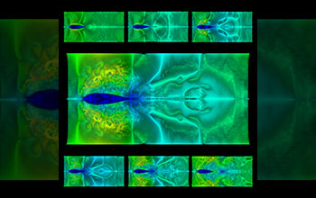 Simulation showing turbulence as water flows past airfoil that approximates ship hull