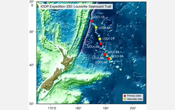 Map showing IODP expedition sampling sites along the Louisville Seamount Trail.