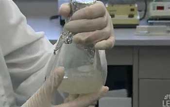 Researchers' hands holding a beaker of liquid