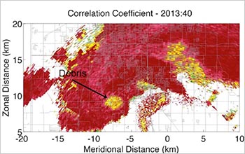 Image from the new rapid-scan, dual-polarization radar simulator, which can detect tornado debris.