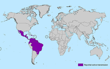 Map showing regions of the world where the Zika virus is currently active, as of Feb. 3, 2016.