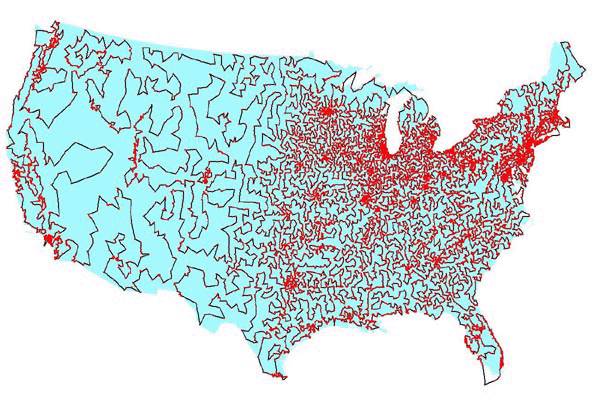 Traveling salesman path through USA towns with more than 500 residents